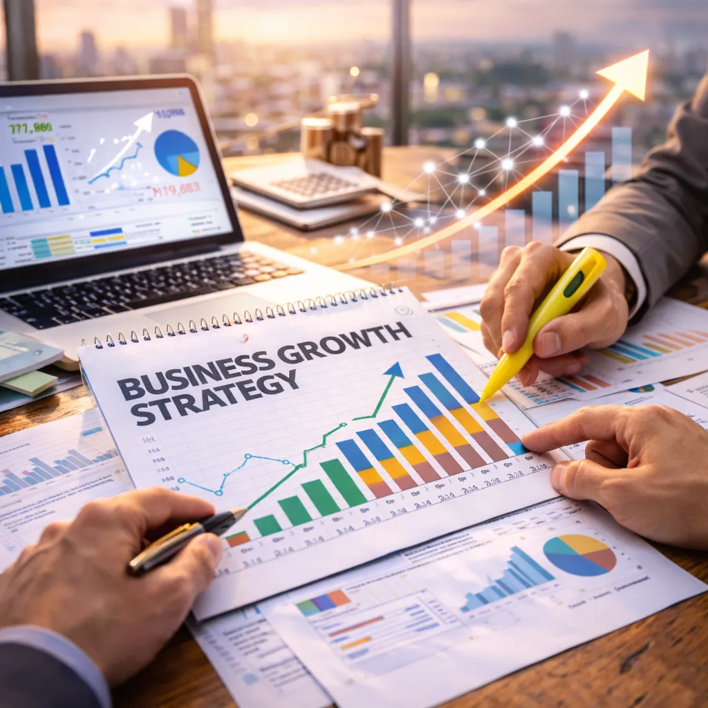 Business consultants collaborating with clients on growth strategy and operational improvements