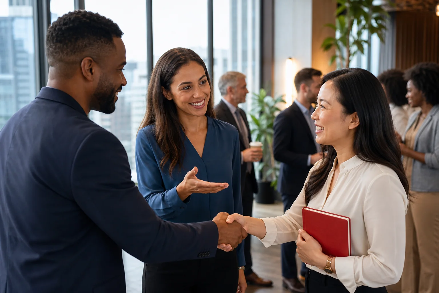 A professional connector introducing business owners in a networking room